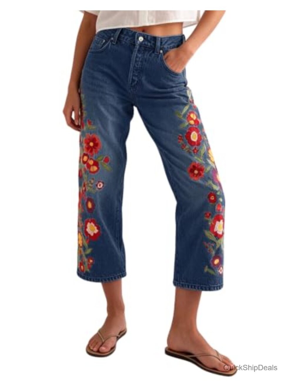 Women Floral Embroidered Baggy Jeans Y2K Wide Leg Mid Rise Crop Denim Pants